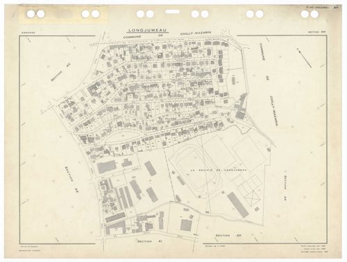 LONGJUMEAU, plans minutes de conservation : tableau d'assemblage,1966, Ech. 1/5000 ; plans des sections ZI, 1953, Ech. 1/2000, section Z2, 1979, Ech. 1/1000, sections AB, AC, AD, AE, AH, AI, AKa, AL, AM, AN, AO, 1966, Ech. 1/1000, section AK, 1966, Ech. 1