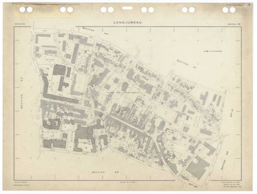 LONGJUMEAU, plans minutes de conservation : tableau d'assemblage,1966, Ech. 1/5000 ; plans des sections ZI, 1953, Ech. 1/2000, section Z2, 1979, Ech. 1/1000, sections AB, AC, AD, AE, AH, AI, AKa, AL, AM, AN, AO, 1966, Ech. 1/1000, section AK, 1966, Ech. 1