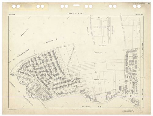 LONGJUMEAU, plans minutes de conservation : tableau d'assemblage,1966, Ech. 1/5000 ; plans des sections ZI, 1953, Ech. 1/2000, section Z2, 1979, Ech. 1/1000, sections AB, AC, AD, AE, AH, AI, AKa, AL, AM, AN, AO, 1966, Ech. 1/1000, section AK, 1966, Ech. 1