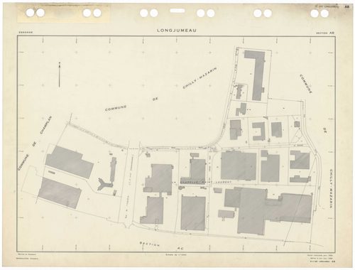 LONGJUMEAU, plans minutes de conservation : tableau d'assemblage,1966, Ech. 1/5000 ; plans des sections ZI, 1953, Ech. 1/2000, section Z2, 1979, Ech. 1/1000, sections AB, AC, AD, AE, AH, AI, AKa, AL, AM, AN, AO, 1966, Ech. 1/1000, section AK, 1966, Ech. 1