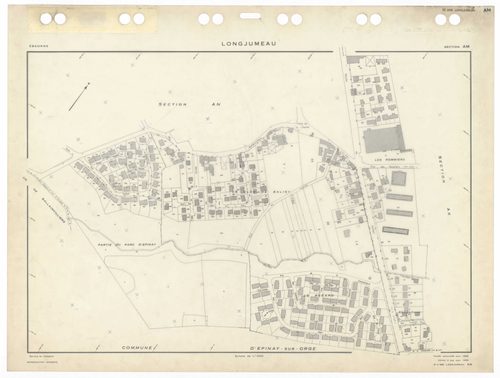LONGJUMEAU, plans minutes de conservation : tableau d'assemblage,1966, Ech. 1/5000 ; plans des sections ZI, 1953, Ech. 1/2000, section Z2, 1979, Ech. 1/1000, sections AB, AC, AD, AE, AH, AI, AKa, AL, AM, AN, AO, 1966, Ech. 1/1000, section AK, 1966, Ech. 1
