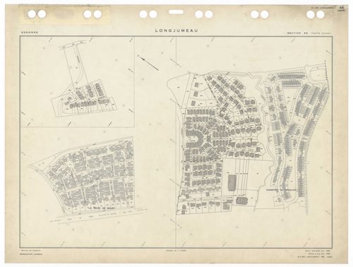 LONGJUMEAU, plans minutes de conservation : tableau d'assemblage,1966, Ech. 1/5000 ; plans des sections ZI, 1953, Ech. 1/2000, section Z2, 1979, Ech. 1/1000, sections AB, AC, AD, AE, AH, AI, AKa, AL, AM, AN, AO, 1966, Ech. 1/1000, section AK, 1966, Ech. 1