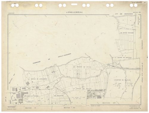 LONGJUMEAU, plans minutes de conservation : tableau d'assemblage,1966, Ech. 1/5000 ; plans des sections ZI, 1953, Ech. 1/2000, section Z2, 1979, Ech. 1/1000, sections AB, AC, AD, AE, AH, AI, AKa, AL, AM, AN, AO, 1966, Ech. 1/1000, section AK, 1966, Ech. 1