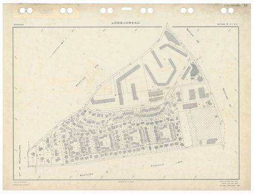 LONGJUMEAU, plans minutes de conservation : tableau d'assemblage,1966, Ech. 1/5000 ; plans des sections ZI, 1953, Ech. 1/2000, section Z2, 1979, Ech. 1/1000, sections AB, AC, AD, AE, AH, AI, AKa, AL, AM, AN, AO, 1966, Ech. 1/1000, section AK, 1966, Ech. 1