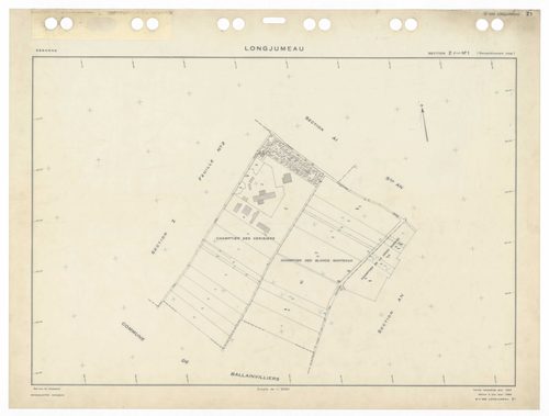 LONGJUMEAU, plans minutes de conservation : tableau d'assemblage,1966, Ech. 1/5000 ; plans des sections ZI, 1953, Ech. 1/2000, section Z2, 1979, Ech. 1/1000, sections AB, AC, AD, AE, AH, AI, AKa, AL, AM, AN, AO, 1966, Ech. 1/1000, section AK, 1966, Ech. 1