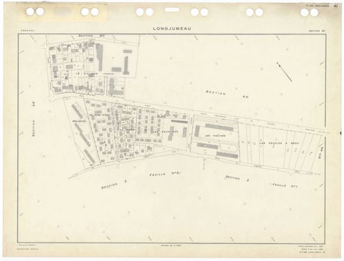 LONGJUMEAU, plans minutes de conservation : tableau d'assemblage,1966, Ech. 1/5000 ; plans des sections ZI, 1953, Ech. 1/2000, section Z2, 1979, Ech. 1/1000, sections AB, AC, AD, AE, AH, AI, AKa, AL, AM, AN, AO, 1966, Ech. 1/1000, section AK, 1966, Ech. 1