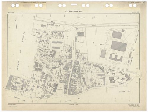 LONGJUMEAU, plans minutes de conservation : tableau d'assemblage,1966, Ech. 1/5000 ; plans des sections ZI, 1953, Ech. 1/2000, section Z2, 1979, Ech. 1/1000, sections AB, AC, AD, AE, AH, AI, AKa, AL, AM, AN, AO, 1966, Ech. 1/1000, section AK, 1966, Ech. 1