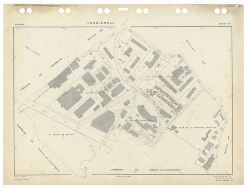 LONGJUMEAU, plans minutes de conservation : tableau d'assemblage,1966, Ech. 1/5000 ; plans des sections ZI, 1953, Ech. 1/2000, section Z2, 1979, Ech. 1/1000, sections AB, AC, AD, AE, AH, AI, AKa, AL, AM, AN, AO, 1966, Ech. 1/1000, section AK, 1966, Ech. 1