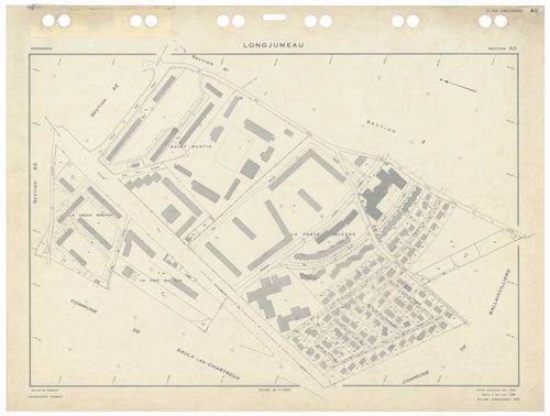 LONGJUMEAU, plans minutes de conservation : tableau d'assemblage,1966, Ech. 1/5000 ; plans des sections ZI, 1953, Ech. 1/2000, section Z2, 1979, Ech. 1/1000, sections AB, AC, AD, AE, AH, AI, AKa, AL, AM, AN, AO, 1966, Ech. 1/1000, section AK, 1966, Ech. 1