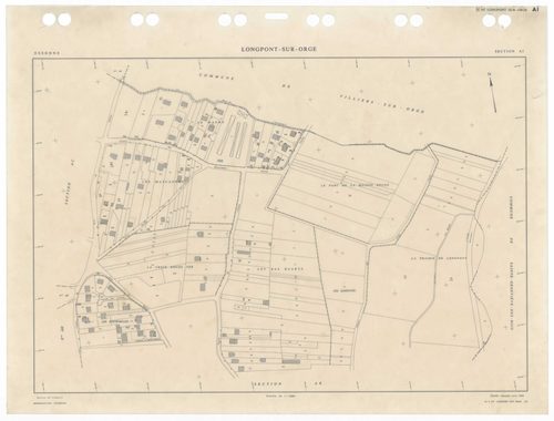 LONGPONT-SUR-ORGE, plans minutes de conservation : tableau d'assemblage,1988, Ech. 1/5000 ; plans des sections AA, AB, AC, AD, AE, AH, AI, AK, AL, AM, AN, AO, AP, AR, AS, AT, AV, AW, AX, 1988, Ech. 1/1000. Polyester. N et B. Dim. 105 x 80 cm [20 plans]. 