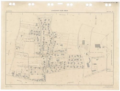 LONGPONT-SUR-ORGE, plans minutes de conservation : tableau d'assemblage,1988, Ech. 1/5000 ; plans des sections AA, AB, AC, AD, AE, AH, AI, AK, AL, AM, AN, AO, AP, AR, AS, AT, AV, AW, AX, 1988, Ech. 1/1000. Polyester. N et B. Dim. 105 x 80 cm [20 plans]. 