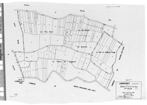 LONGPONT-SUR-ORGE. - Cadastre révisé pour 1937 : plan du tableau d'assemblage, plans de la section A Villebouzin 1ère feuille, idem 2ème feuille, section B le Mesnil 1ère feuille, idem 2ème feuille, section C les Près Neufs 1ère feuille, idem 2ème feuille