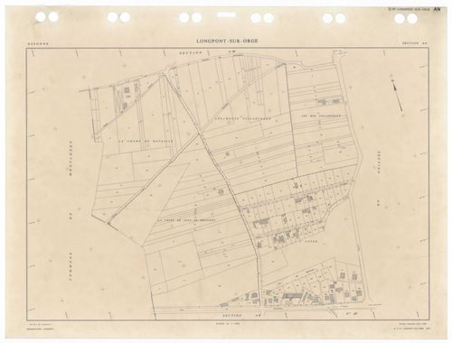 LONGPONT-SUR-ORGE, plans minutes de conservation : tableau d'assemblage,1988, Ech. 1/5000 ; plans des sections AA, AB, AC, AD, AE, AH, AI, AK, AL, AM, AN, AO, AP, AR, AS, AT, AV, AW, AX, 1988, Ech. 1/1000. Polyester. N et B. Dim. 105 x 80 cm [20 plans]. 