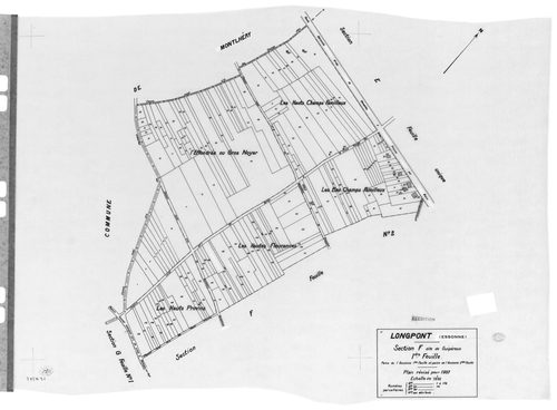 LONGPONT-SUR-ORGE. - Cadastre révisé pour 1937 : plan du tableau d'assemblage, plans de la section A Villebouzin 1ère feuille, idem 2ème feuille, section B le Mesnil 1ère feuille, idem 2ème feuille, section C les Près Neufs 1ère feuille, idem 2ème feuille