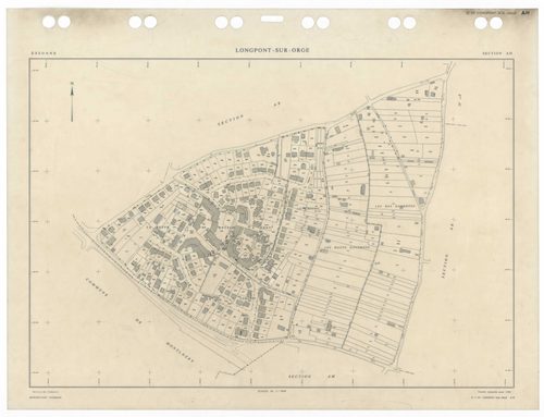 LONGPONT-SUR-ORGE, plans minutes de conservation : tableau d'assemblage,1988, Ech. 1/5000 ; plans des sections AA, AB, AC, AD, AE, AH, AI, AK, AL, AM, AN, AO, AP, AR, AS, AT, AV, AW, AX, 1988, Ech. 1/1000. Polyester. N et B. Dim. 105 x 80 cm [20 plans]. 