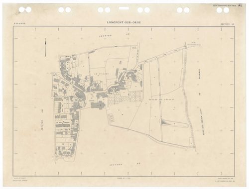 LONGPONT-SUR-ORGE, plans minutes de conservation : tableau d'assemblage,1988, Ech. 1/5000 ; plans des sections AA, AB, AC, AD, AE, AH, AI, AK, AL, AM, AN, AO, AP, AR, AS, AT, AV, AW, AX, 1988, Ech. 1/1000. Polyester. N et B. Dim. 105 x 80 cm [20 plans]. 