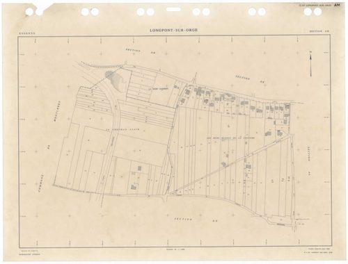 LONGPONT-SUR-ORGE, plans minutes de conservation : tableau d'assemblage,1988, Ech. 1/5000 ; plans des sections AA, AB, AC, AD, AE, AH, AI, AK, AL, AM, AN, AO, AP, AR, AS, AT, AV, AW, AX, 1988, Ech. 1/1000. Polyester. N et B. Dim. 105 x 80 cm [20 plans]. 