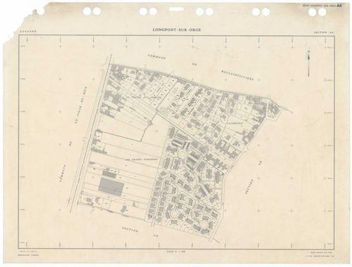LONGPONT-SUR-ORGE, plans minutes de conservation : tableau d'assemblage,1988, Ech. 1/5000 ; plans des sections AA, AB, AC, AD, AE, AH, AI, AK, AL, AM, AN, AO, AP, AR, AS, AT, AV, AW, AX, 1988, Ech. 1/1000. Polyester. N et B. Dim. 105 x 80 cm [20 plans]. 