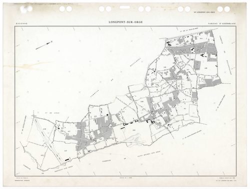 LONGPONT-SUR-ORGE, plans minutes de conservation : tableau d'assemblage,1988, Ech. 1/5000 ; plans des sections AA, AB, AC, AD, AE, AH, AI, AK, AL, AM, AN, AO, AP, AR, AS, AT, AV, AW, AX, 1988, Ech. 1/1000. Polyester. N et B. Dim. 105 x 80 cm [20 plans]. 