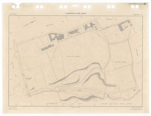 LONGPONT-SUR-ORGE, plans minutes de conservation : tableau d'assemblage,1988, Ech. 1/5000 ; plans des sections AA, AB, AC, AD, AE, AH, AI, AK, AL, AM, AN, AO, AP, AR, AS, AT, AV, AW, AX, 1988, Ech. 1/1000. Polyester. N et B. Dim. 105 x 80 cm [20 plans]. 
