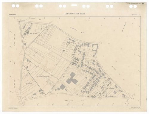 LONGPONT-SUR-ORGE, plans minutes de conservation : tableau d'assemblage,1988, Ech. 1/5000 ; plans des sections AA, AB, AC, AD, AE, AH, AI, AK, AL, AM, AN, AO, AP, AR, AS, AT, AV, AW, AX, 1988, Ech. 1/1000. Polyester. N et B. Dim. 105 x 80 cm [20 plans]. 