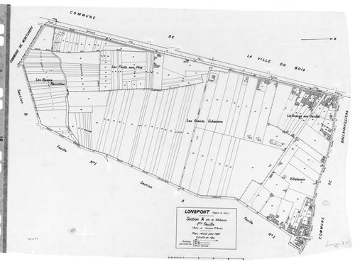 LONGPONT-SUR-ORGE. - Cadastre révisé pour 1937 : plan du tableau d'assemblage, plans de la section A Villebouzin 1ère feuille, idem 2ème feuille, section B le Mesnil 1ère feuille, idem 2ème feuille, section C les Près Neufs 1ère feuille, idem 2ème feuille