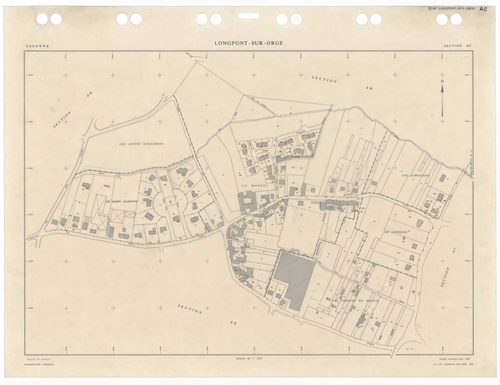 LONGPONT-SUR-ORGE, plans minutes de conservation : tableau d'assemblage,1988, Ech. 1/5000 ; plans des sections AA, AB, AC, AD, AE, AH, AI, AK, AL, AM, AN, AO, AP, AR, AS, AT, AV, AW, AX, 1988, Ech. 1/1000. Polyester. N et B. Dim. 105 x 80 cm [20 plans]. 
