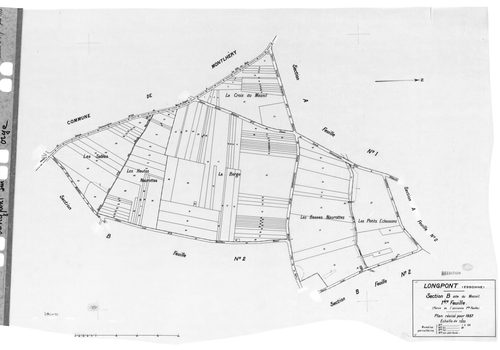 LONGPONT-SUR-ORGE. - Cadastre révisé pour 1937 : plan du tableau d'assemblage, plans de la section A Villebouzin 1ère feuille, idem 2ème feuille, section B le Mesnil 1ère feuille, idem 2ème feuille, section C les Près Neufs 1ère feuille, idem 2ème feuille
