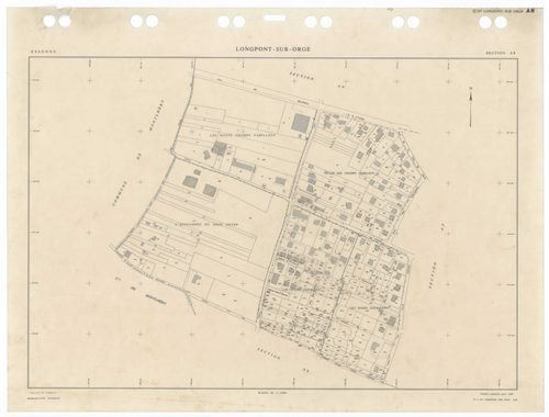 LONGPONT-SUR-ORGE, plans minutes de conservation : tableau d'assemblage,1988, Ech. 1/5000 ; plans des sections AA, AB, AC, AD, AE, AH, AI, AK, AL, AM, AN, AO, AP, AR, AS, AT, AV, AW, AX, 1988, Ech. 1/1000. Polyester. N et B. Dim. 105 x 80 cm [20 plans]. 
