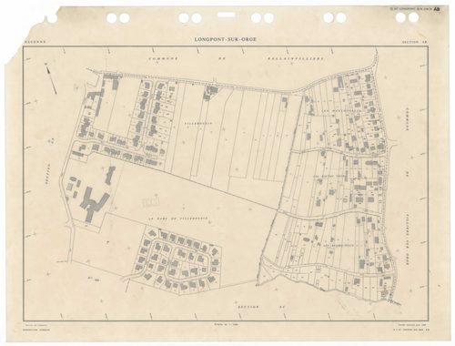 LONGPONT-SUR-ORGE, plans minutes de conservation : tableau d'assemblage,1988, Ech. 1/5000 ; plans des sections AA, AB, AC, AD, AE, AH, AI, AK, AL, AM, AN, AO, AP, AR, AS, AT, AV, AW, AX, 1988, Ech. 1/1000. Polyester. N et B. Dim. 105 x 80 cm [20 plans]. 