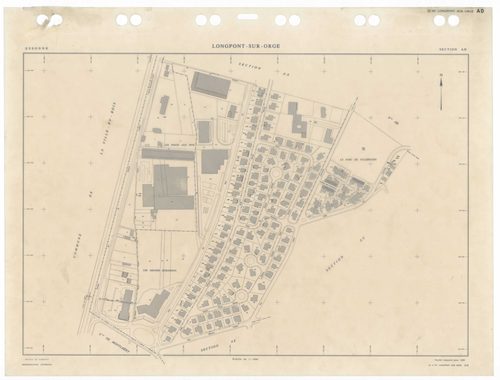 LONGPONT-SUR-ORGE, plans minutes de conservation : tableau d'assemblage,1988, Ech. 1/5000 ; plans des sections AA, AB, AC, AD, AE, AH, AI, AK, AL, AM, AN, AO, AP, AR, AS, AT, AV, AW, AX, 1988, Ech. 1/1000. Polyester. N et B. Dim. 105 x 80 cm [20 plans]. 