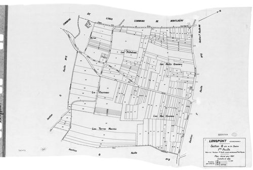 LONGPONT-SUR-ORGE. - Cadastre révisé pour 1937 : plan du tableau d'assemblage, plans de la section A Villebouzin 1ère feuille, idem 2ème feuille, section B le Mesnil 1ère feuille, idem 2ème feuille, section C les Près Neufs 1ère feuille, idem 2ème feuille