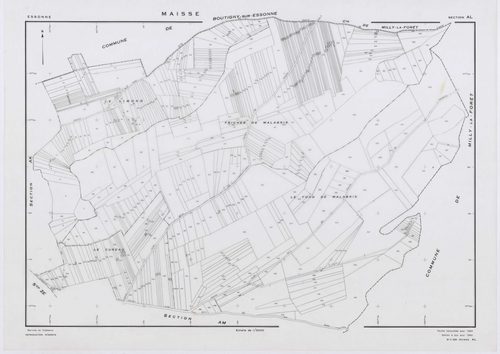 MAISSE, plans minutes de conservation : tableau d'assemblage, 1955, Ech. 1/10000 ; plans des sections AD, AE, AH, AO, AR, 1955, Ech. 1/1000, sections AB, AC, AI, AK, AL, AM, AN, AP, AS, AT, AV, ZA, ZB, ZC, ZD, ZE, ZH, ZI, ZK, ZL, ZM, ZN, ZO, 1955, Ech. 1/