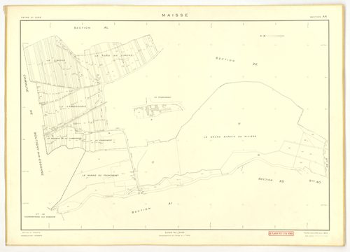 Plans minutes de conservation : MAISSE : tableau d'assemblage n°1, ech. 1/10000 (1955) ; sections AD, AE, AH, AO, AR, ech. 1/1000 (1955), sections AB, AC, AI, AK, AL, AM, AN, AP, AS, AT, AV, ZA, ZB, ZC, ZD, ZE, ZH, ZI, ZK, ZL, ZM, ZN, ech. 1/2000 (1955) ;