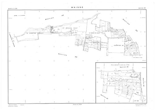 MAISSE. - Cadastre révisé pour 1955 : plan du tableau d'assemblage ; cadastre renouvelé pour 1955 : plans de la section AD, section AE, section AI, section AT, section AV, [6 plans]. 