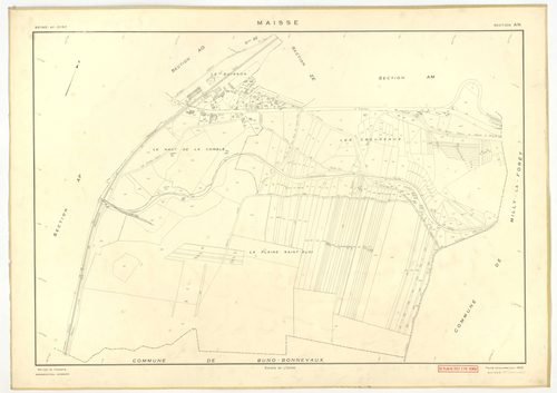 Plans minutes de conservation : MAISSE : tableau d'assemblage n°1, ech. 1/10000 (1955) ; sections AD, AE, AH, AO, AR, ech. 1/1000 (1955), sections AB, AC, AI, AK, AL, AM, AN, AP, AS, AT, AV, ZA, ZB, ZC, ZD, ZE, ZH, ZI, ZK, ZL, ZM, ZN, ech. 1/2000 (1955) ;