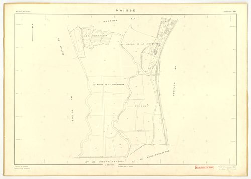 Plans minutes de conservation : MAISSE : tableau d'assemblage n°1, ech. 1/10000 (1955) ; sections AD, AE, AH, AO, AR, ech. 1/1000 (1955), sections AB, AC, AI, AK, AL, AM, AN, AP, AS, AT, AV, ZA, ZB, ZC, ZD, ZE, ZH, ZI, ZK, ZL, ZM, ZN, ech. 1/2000 (1955) ;