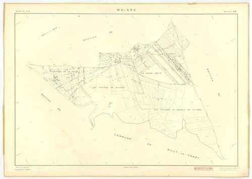 Plans minutes de conservation : MAISSE : tableau d'assemblage n°1, ech. 1/10000 (1955) ; sections AD, AE, AH, AO, AR, ech. 1/1000 (1955), sections AB, AC, AI, AK, AL, AM, AN, AP, AS, AT, AV, ZA, ZB, ZC, ZD, ZE, ZH, ZI, ZK, ZL, ZM, ZN, ech. 1/2000 (1955) ;