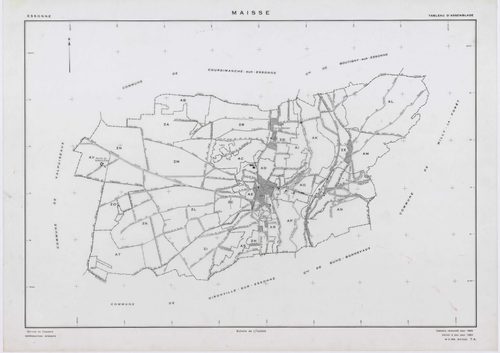 MAISSE, plans minutes de conservation : tableau d'assemblage, 1955, Ech. 1/10000 ; plans des sections AD, AE, AH, AO, AR, 1955, Ech. 1/1000, sections AB, AC, AI, AK, AL, AM, AN, AP, AS, AT, AV, ZA, ZB, ZC, ZD, ZE, ZH, ZI, ZK, ZL, ZM, ZN, ZO, 1955, Ech. 1/