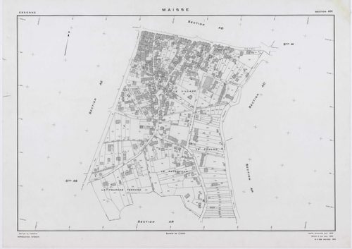 MAISSE, plans minutes de conservation : tableau d'assemblage, 1955, Ech. 1/10000 ; plans des sections AD, AE, AH, AO, AR, 1955, Ech. 1/1000, sections AB, AC, AI, AK, AL, AM, AN, AP, AS, AT, AV, ZA, ZB, ZC, ZD, ZE, ZH, ZI, ZK, ZL, ZM, ZN, ZO, 1955, Ech. 1/