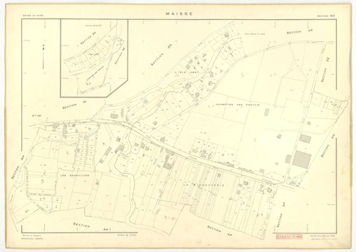 Plans minutes de conservation : MAISSE : tableau d'assemblage n°1, ech. 1/10000 (1955) ; sections AD, AE, AH, AO, AR, ech. 1/1000 (1955), sections AB, AC, AI, AK, AL, AM, AN, AP, AS, AT, AV, ZA, ZB, ZC, ZD, ZE, ZH, ZI, ZK, ZL, ZM, ZN, ech. 1/2000 (1955) ;