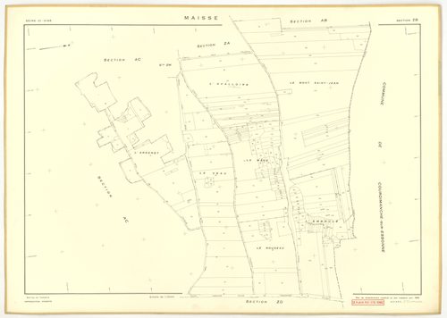 Plans minutes de conservation : MAISSE : tableau d'assemblage n°1, ech. 1/10000 (1955) ; sections AD, AE, AH, AO, AR, ech. 1/1000 (1955), sections AB, AC, AI, AK, AL, AM, AN, AP, AS, AT, AV, ZA, ZB, ZC, ZD, ZE, ZH, ZI, ZK, ZL, ZM, ZN, ech. 1/2000 (1955) ;