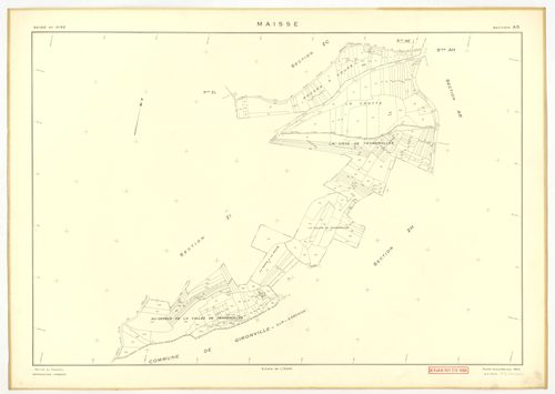 Plans minutes de conservation : MAISSE : tableau d'assemblage n°1, ech. 1/10000 (1955) ; sections AD, AE, AH, AO, AR, ech. 1/1000 (1955), sections AB, AC, AI, AK, AL, AM, AN, AP, AS, AT, AV, ZA, ZB, ZC, ZD, ZE, ZH, ZI, ZK, ZL, ZM, ZN, ech. 1/2000 (1955) ;