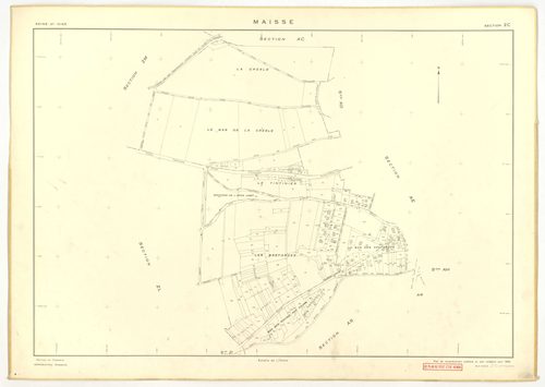Plans minutes de conservation : MAISSE : tableau d'assemblage n°1, ech. 1/10000 (1955) ; sections AD, AE, AH, AO, AR, ech. 1/1000 (1955), sections AB, AC, AI, AK, AL, AM, AN, AP, AS, AT, AV, ZA, ZB, ZC, ZD, ZE, ZH, ZI, ZK, ZL, ZM, ZN, ech. 1/2000 (1955) ;