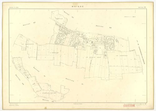 Plans minutes de conservation : MAISSE : tableau d'assemblage n°1, ech. 1/10000 (1955) ; sections AD, AE, AH, AO, AR, ech. 1/1000 (1955), sections AB, AC, AI, AK, AL, AM, AN, AP, AS, AT, AV, ZA, ZB, ZC, ZD, ZE, ZH, ZI, ZK, ZL, ZM, ZN, ech. 1/2000 (1955) ;