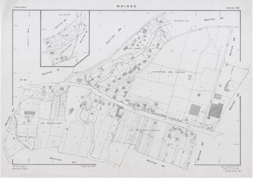 MAISSE, plans minutes de conservation : tableau d'assemblage, 1955, Ech. 1/10000 ; plans des sections AD, AE, AH, AO, AR, 1955, Ech. 1/1000, sections AB, AC, AI, AK, AL, AM, AN, AP, AS, AT, AV, ZA, ZB, ZC, ZD, ZE, ZH, ZI, ZK, ZL, ZM, ZN, ZO, 1955, Ech. 1/