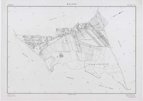MAISSE, plans minutes de conservation : tableau d'assemblage, 1955, Ech. 1/10000 ; plans des sections AD, AE, AH, AO, AR, 1955, Ech. 1/1000, sections AB, AC, AI, AK, AL, AM, AN, AP, AS, AT, AV, ZA, ZB, ZC, ZD, ZE, ZH, ZI, ZK, ZL, ZM, ZN, ZO, 1955, Ech. 1/