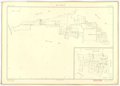 Plans minutes de conservation : MAISSE : tableau d'assemblage n°1, ech. 1/10000 (1955) ; sections AD, AE, AH, AO, AR, ech. 1/1000 (1955), sections AB, AC, AI, AK, AL, AM, AN, AP, AS, AT, AV, ZA, ZB, ZC, ZD, ZE, ZH, ZI, ZK, ZL, ZM, ZN, ech. 1/2000 (1955) ;