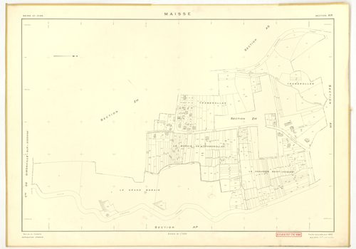 Plans minutes de conservation : MAISSE : tableau d'assemblage n°1, ech. 1/10000 (1955) ; sections AD, AE, AH, AO, AR, ech. 1/1000 (1955), sections AB, AC, AI, AK, AL, AM, AN, AP, AS, AT, AV, ZA, ZB, ZC, ZD, ZE, ZH, ZI, ZK, ZL, ZM, ZN, ech. 1/2000 (1955) ;
