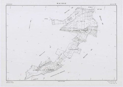 MAISSE, plans minutes de conservation : tableau d'assemblage, 1955, Ech. 1/10000 ; plans des sections AD, AE, AH, AO, AR, 1955, Ech. 1/1000, sections AB, AC, AI, AK, AL, AM, AN, AP, AS, AT, AV, ZA, ZB, ZC, ZD, ZE, ZH, ZI, ZK, ZL, ZM, ZN, ZO, 1955, Ech. 1/